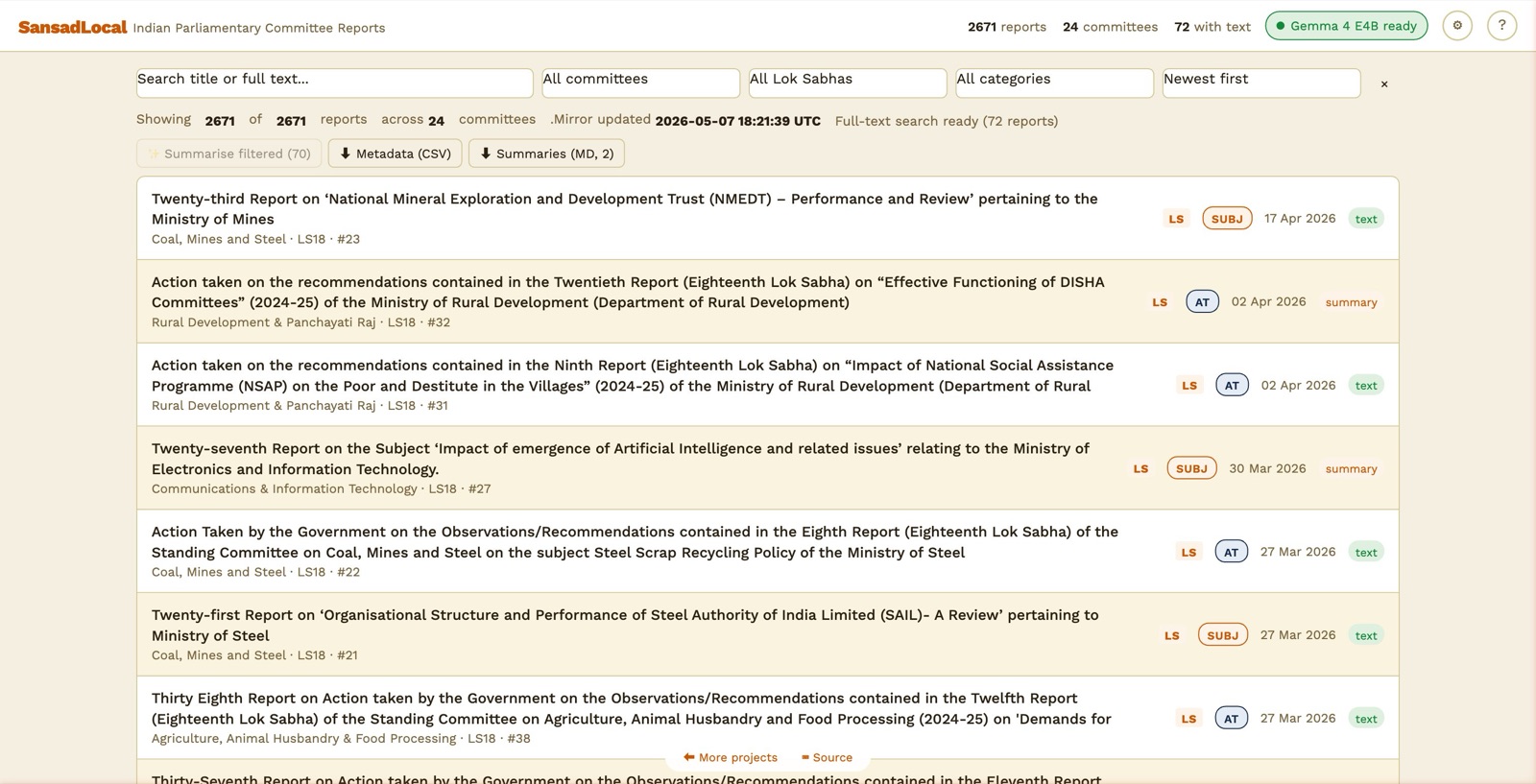 SansadLocal main view: header with brand, stats, AI pill, settings, help; filter row; toolbar with batch summarise + export; report list with status badges