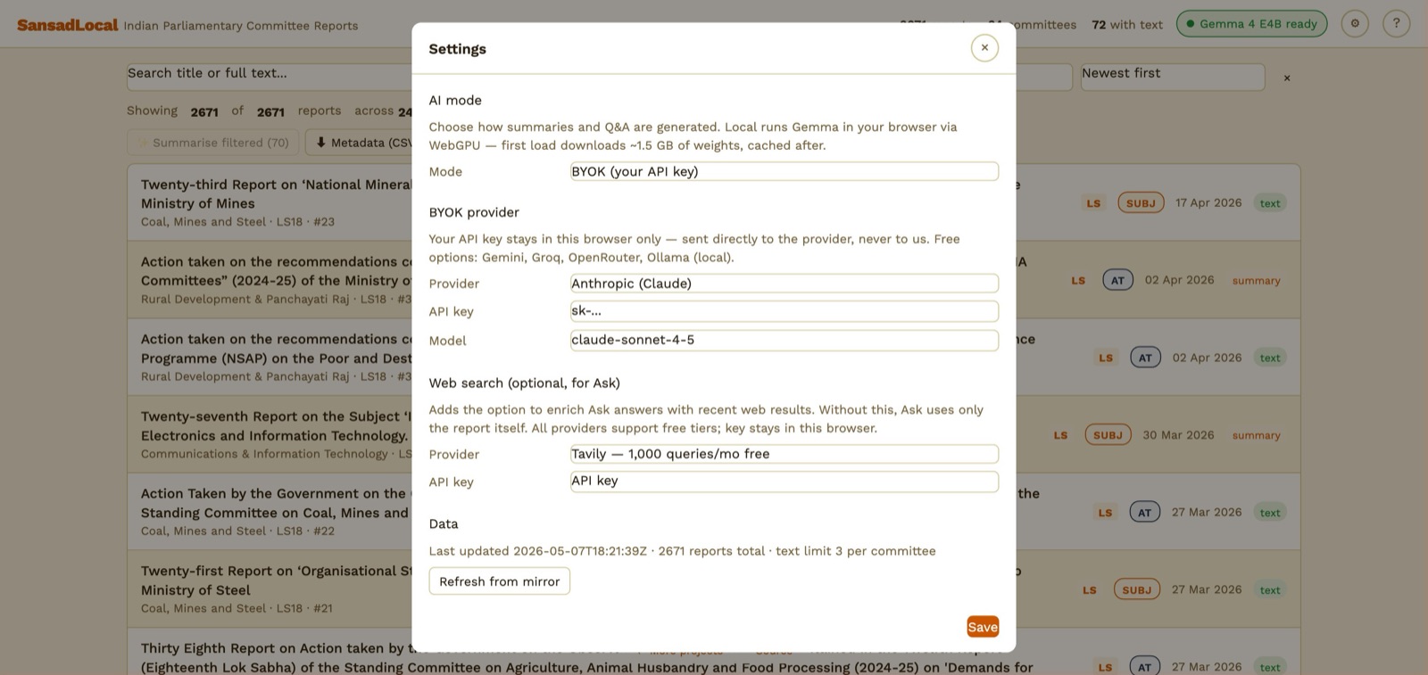 Settings modal Web search section with Provider = Tavily, API key field, Save button
