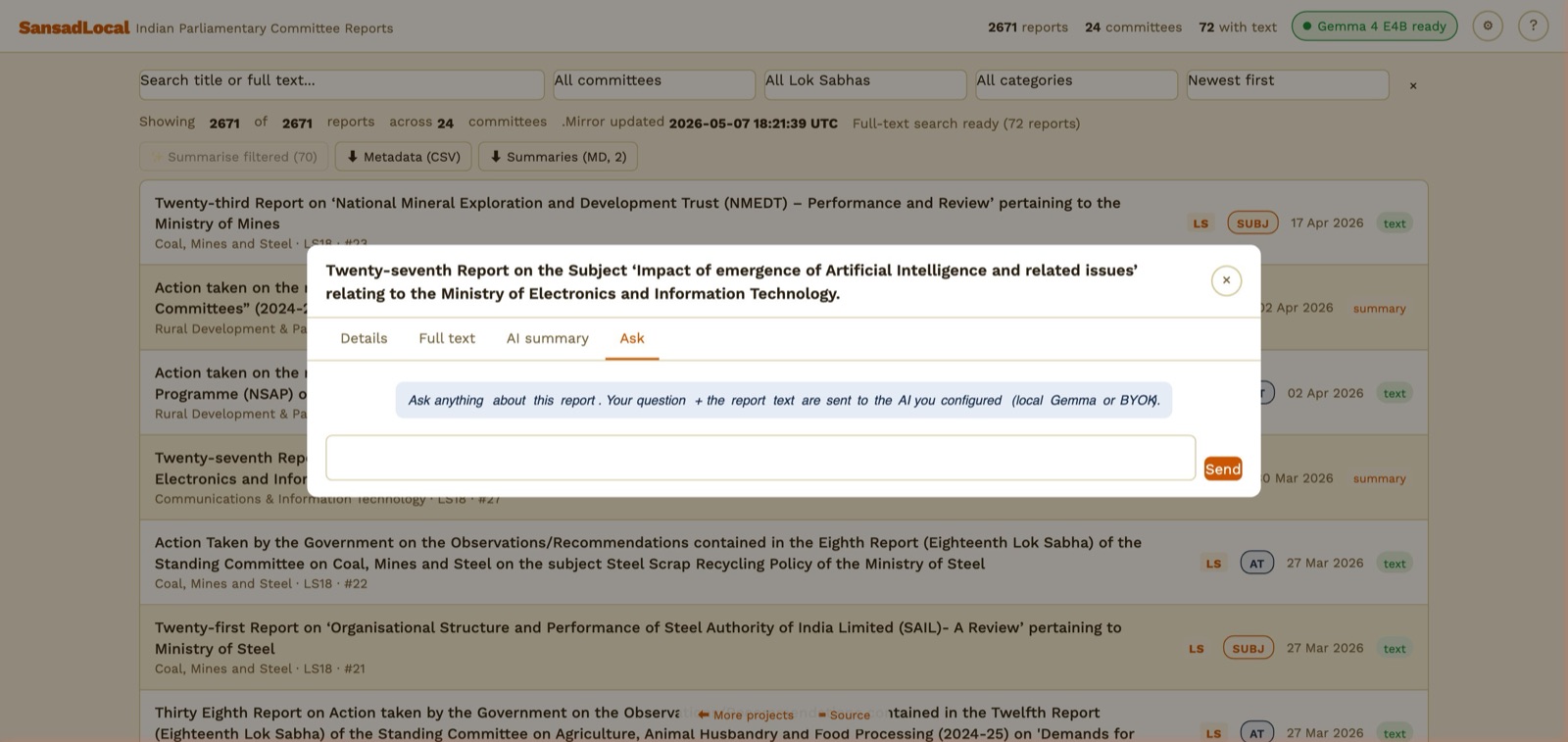Report dialog Ask tab with system message and a chat input with Send button